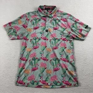 Bad Birdie Polo Shirt Mens Medium Multicolor Stretch Cactus Flamingo Rose Golf